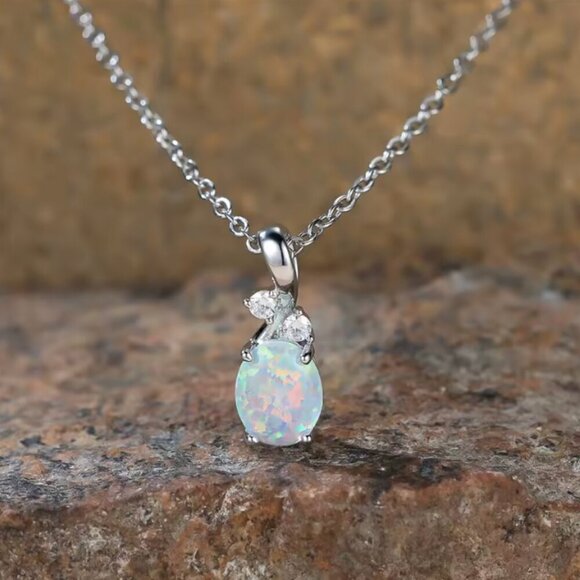 NEW 18k White Gold Opal Necklace Diamond Opal Pendant Necklace - Picture 7 of 7